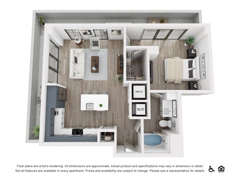 Floor plan for 1 bed, 1 bath, 796 sqft